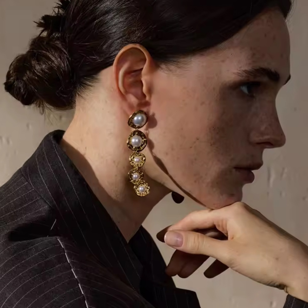 Gold Drop Earrings with Imitation Pearls – Stainless Steel, Real Gold Pl… - Picture 3 of 17